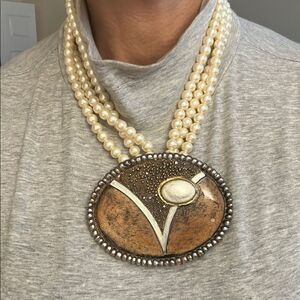 Cream and Brown Multi-Strand Necklace with Oval Pendant